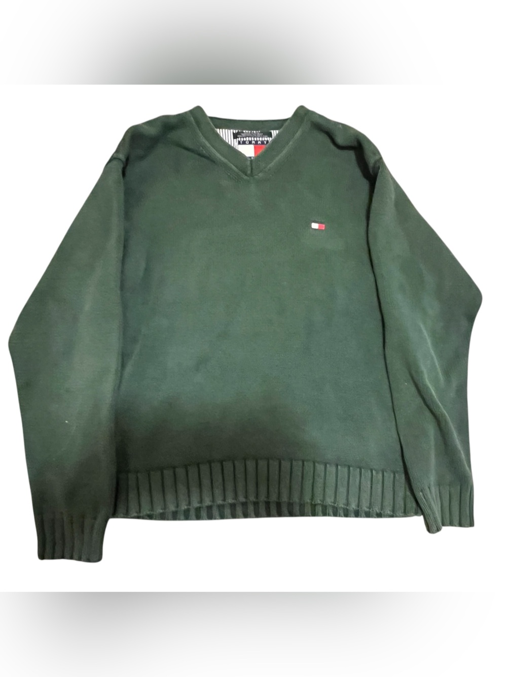 Vintage 90s/Y2K Tommy Hilfiger V-Neck Sweater Green Medium